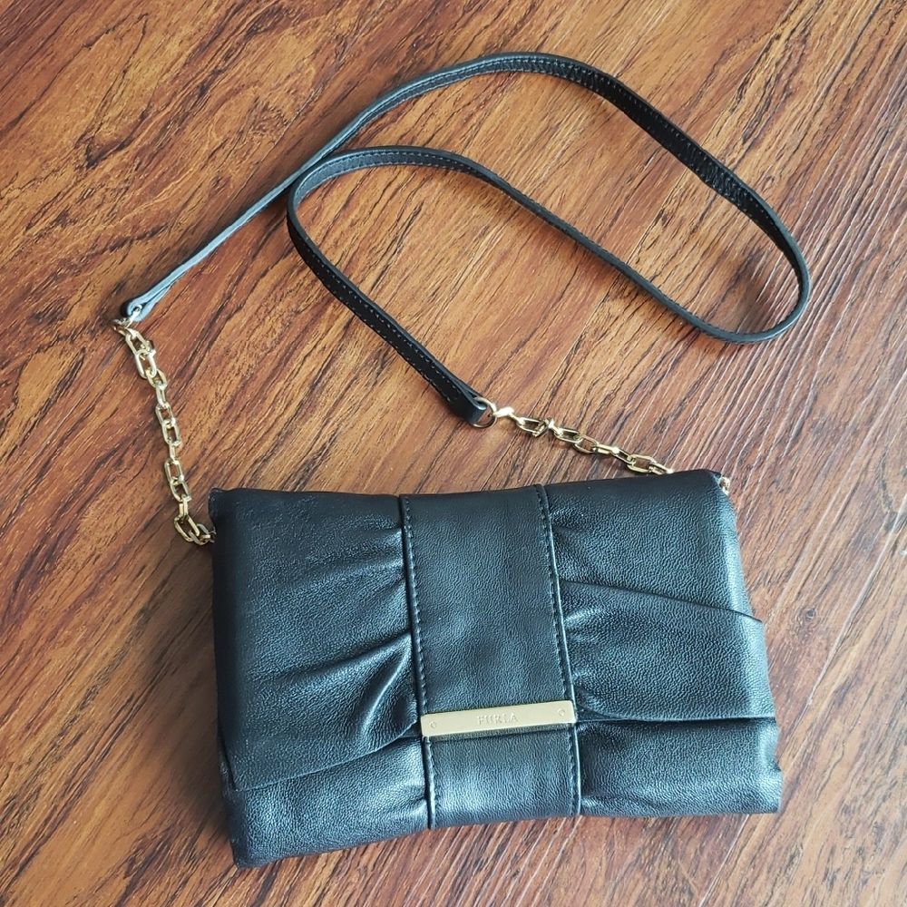 Furla Black Leather Bow Gold Accent L Chic Edgy Feminine Clutch Crossbody Bag